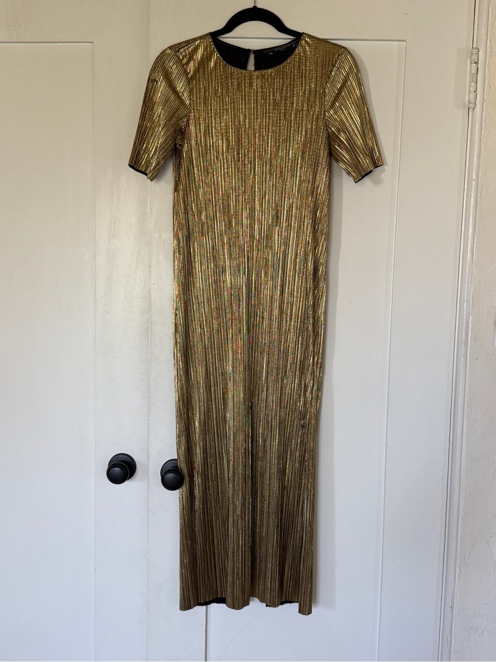 Zara Metallic Gold Pleated Maxi Dress